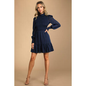 Lulus Heartful Romance Navy Striped Smocked Long Sleeve Mini Dress Blue - Size M